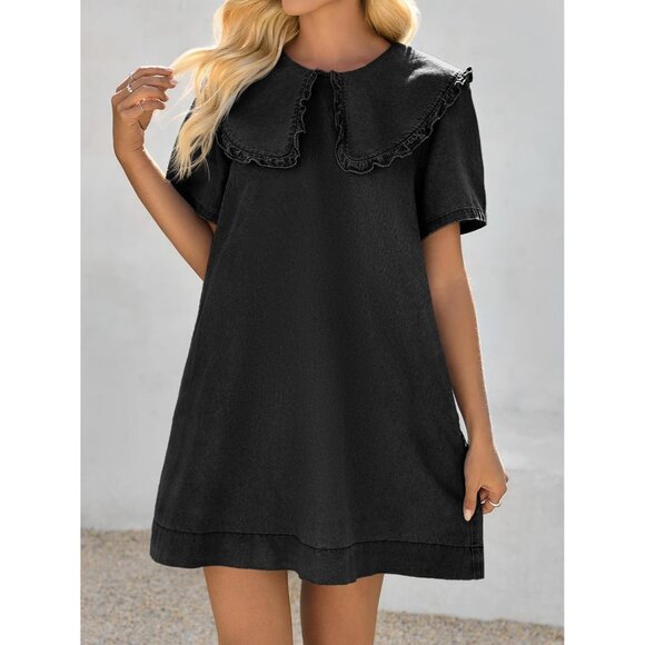 Women's Summer Denim Mini Dress Oversized Peter Pan Collar Casual Flowy - Picture 2 of 6